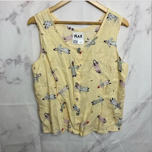 Flax Tops - Flax Linen Human Doll Print Button Down Sleeveless Tank Top - C3